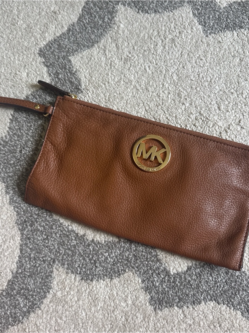 Michael Kors Tan/Brown Pebbled Leather Wristlet with Gold MK Emblem